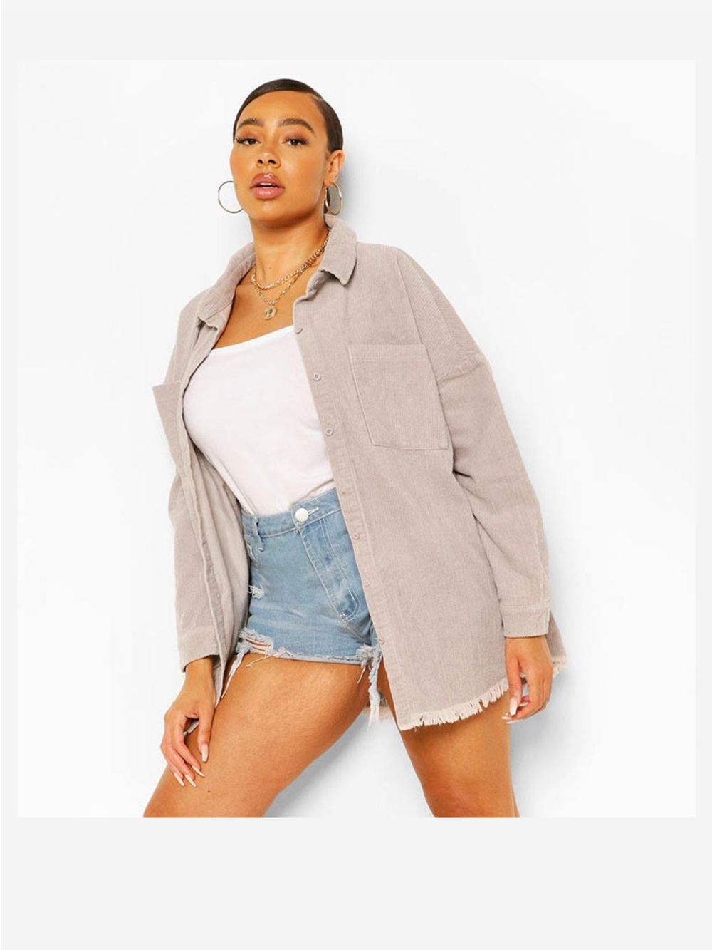 Boohoo Oversized Corduroy Shacket in Light Gray
